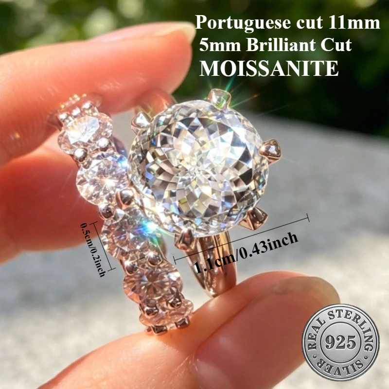 12 carat Portuguese cut colorless white color D  moissanite 11mm vvs1 ring S925 hundred face cut sterling silvery 6 prong