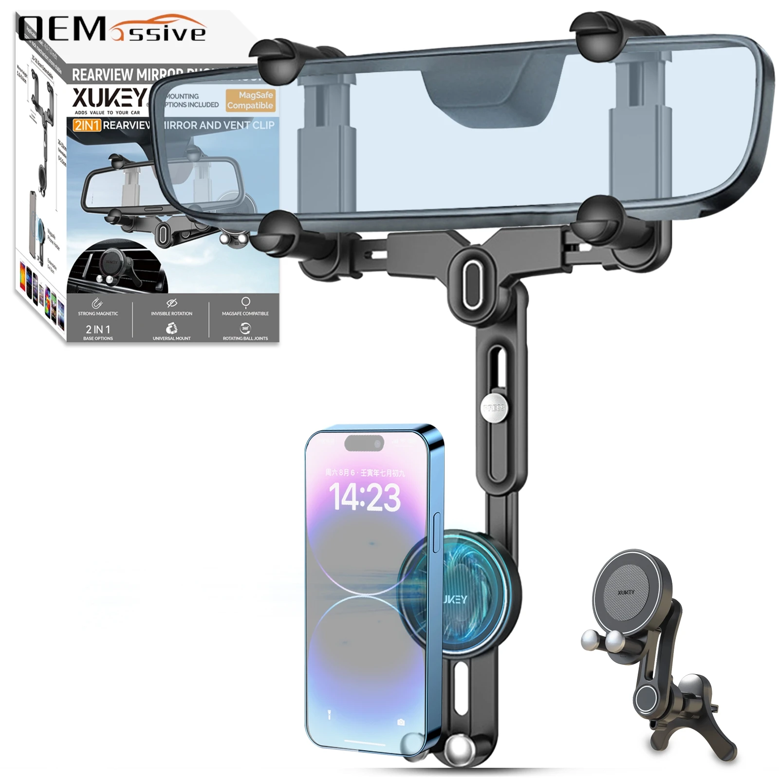 

2-in-1 Rearview Mirror Air Vent Clip Magnetic Phone Holder Car Rear View Mirror for MagSafe iPhone 16 15 14 13 Pro Max Plus Case