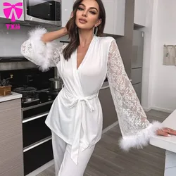 2024 new lace sleeves sexy V-neck casual outdoor comfortable sleepwear elegant women's two-piece set