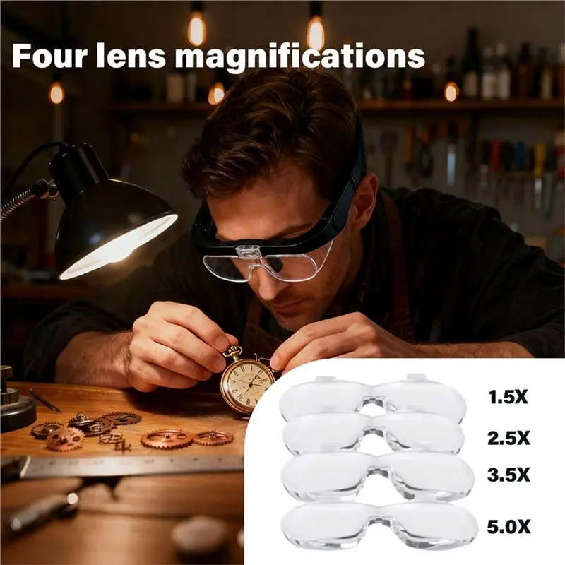 ABRU-Head-Mounted Magnifying Glasses With 2 LED Lights USB Rechargeable, 1.5X-5.0X Zoom Magnifier For Reading & Watch Repair