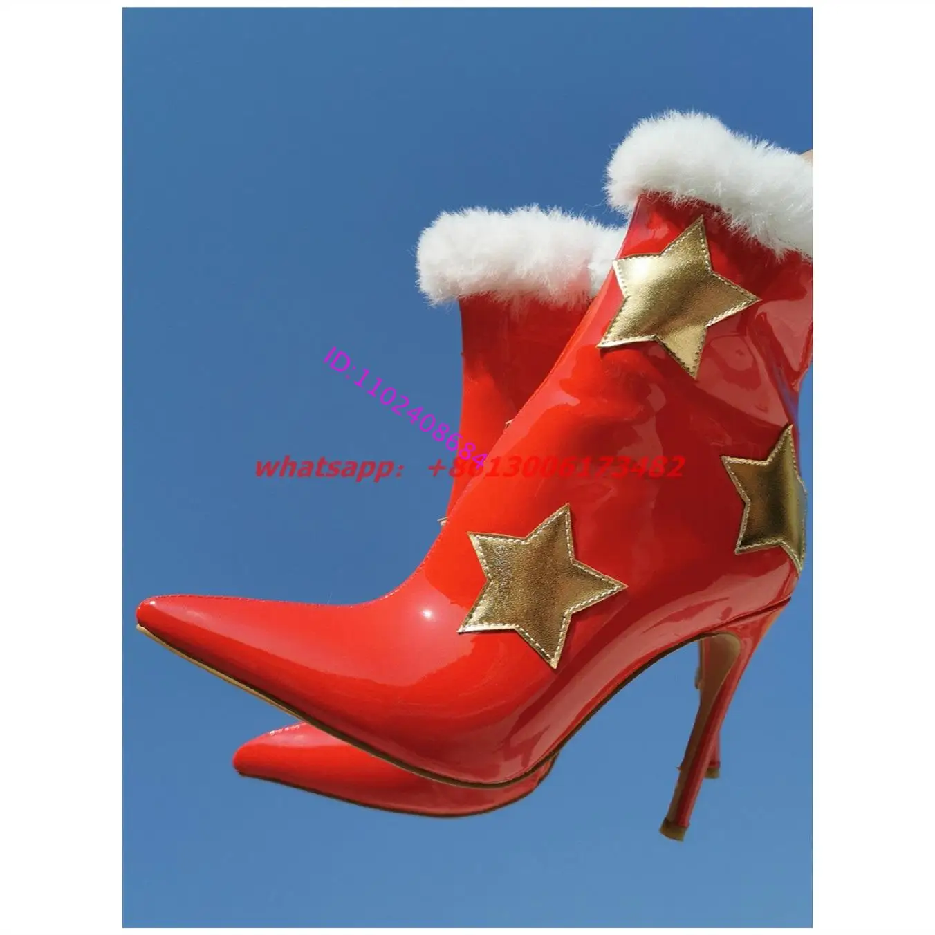 Woman Christmas Golden Star Patent Leather Pointed Toe High Heel Boots Plus Size 47 Woman Red Christmas High Heel Ankle Boots