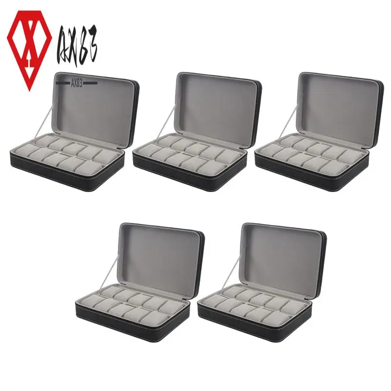 

AX83-5X Portable Watch Box Organizer PU Leather Casket With Zipper Classic Style 10 Grids Bracelet Display Case