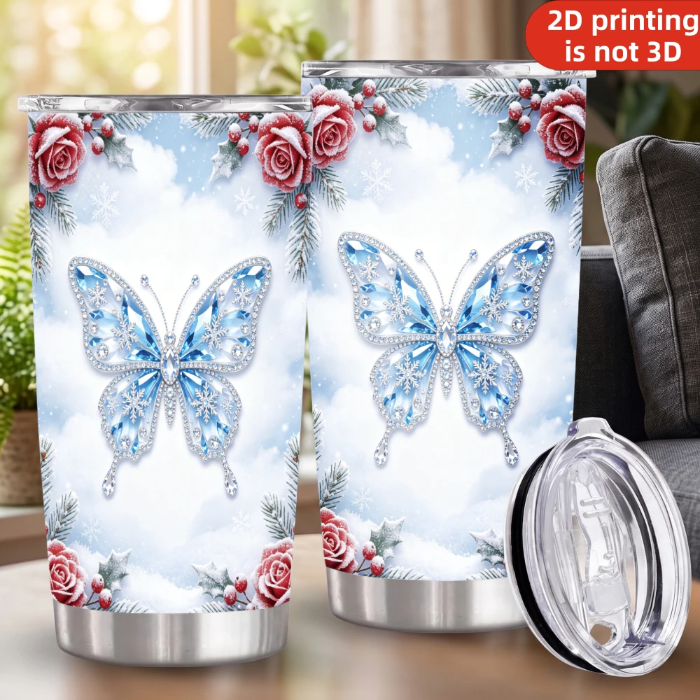 20oz Blue Diamond Butterfly Winter Rose Printed Stainless Steel Tumbler with Lid and Straw, Snowflake Floral Graphic Vacuum Insulated Travel Coffee Mug Gifts for Women