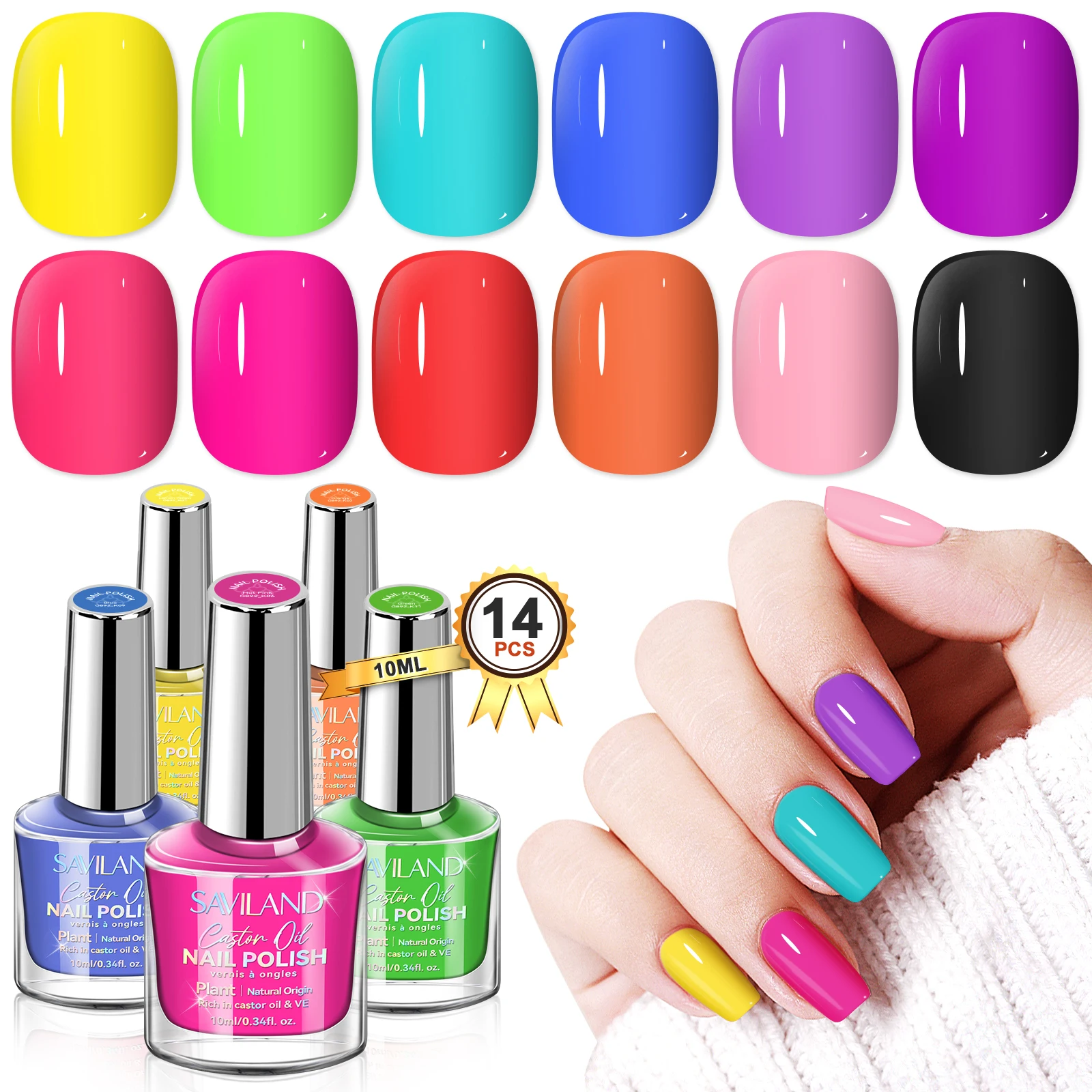 SAVILAND 12 Colors Nail Polish Set with Base & Top Coats Quick Dry Neon Rainbow Glossy Manicure Pedicure Home Salon Nail Art DIY