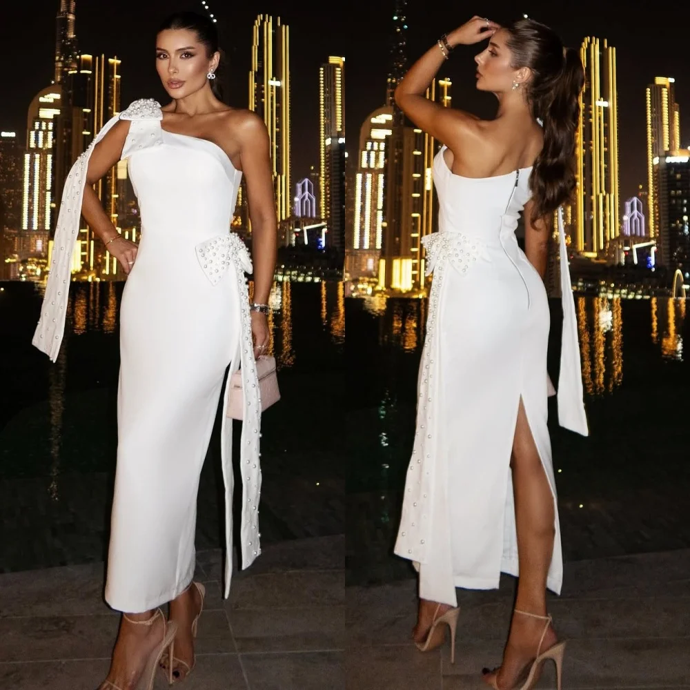 

Customized Jersey Bow Beading One-shoulder Straight Midi Dresses Bespoke Occasion Elegant Woman Elegant Party Wedding Glitter