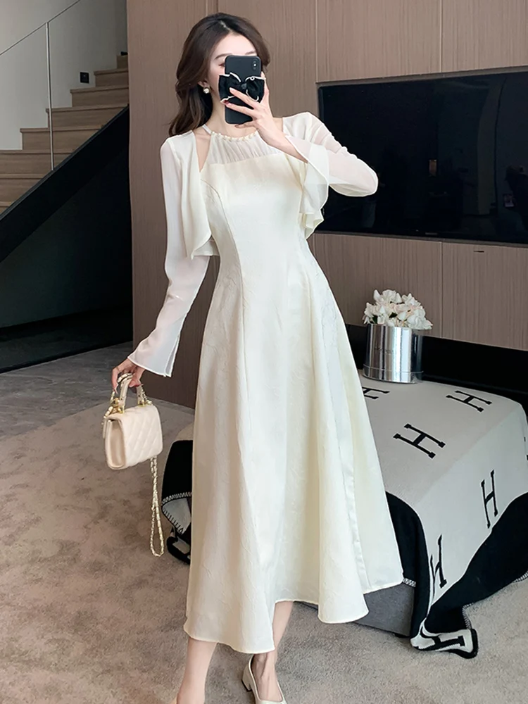 Summer Elegant Lady Fashion Two Piece Dress Sets New Women Short Cardigan Top + A Line Sexy Off Shoulder Mid-Length Dress Suits