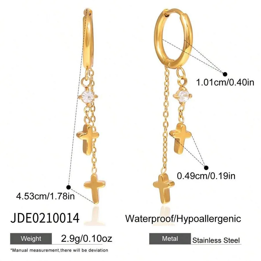 

1 Pair Of Stainless Steel Gold Cross And Star-Moon Tassel Earrings, Fashionable And Exquisite Ear Accessories