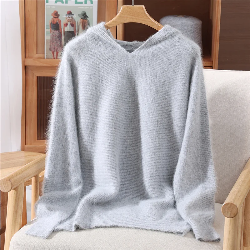 

100% Mink Cashmere Women's Hooded Pullover Solid Color Autumn Winter Sweater Soft Warm Hoodie Chic Tops Knitwear Clothing