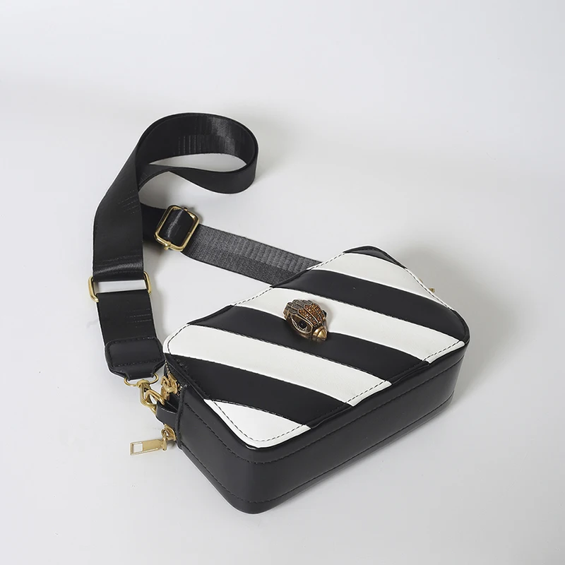 KURT GEIGER LONDON Fashion Camera Bags Ladies Black White Stripes Shoulder Bag Zip Letter Square Bag PU Leather Crossbody Bag