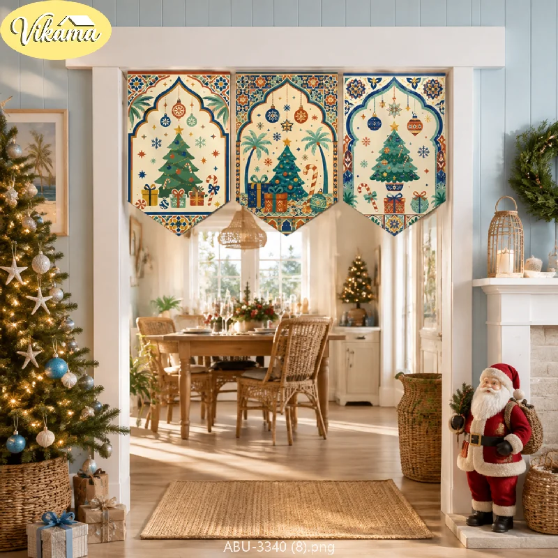 VIKAMA Christmas Lucky Cat Pennant Flag Set Pine Snowman Present Scarlet Emerald Doorway Hanging Kitchen Dining Entryway Party