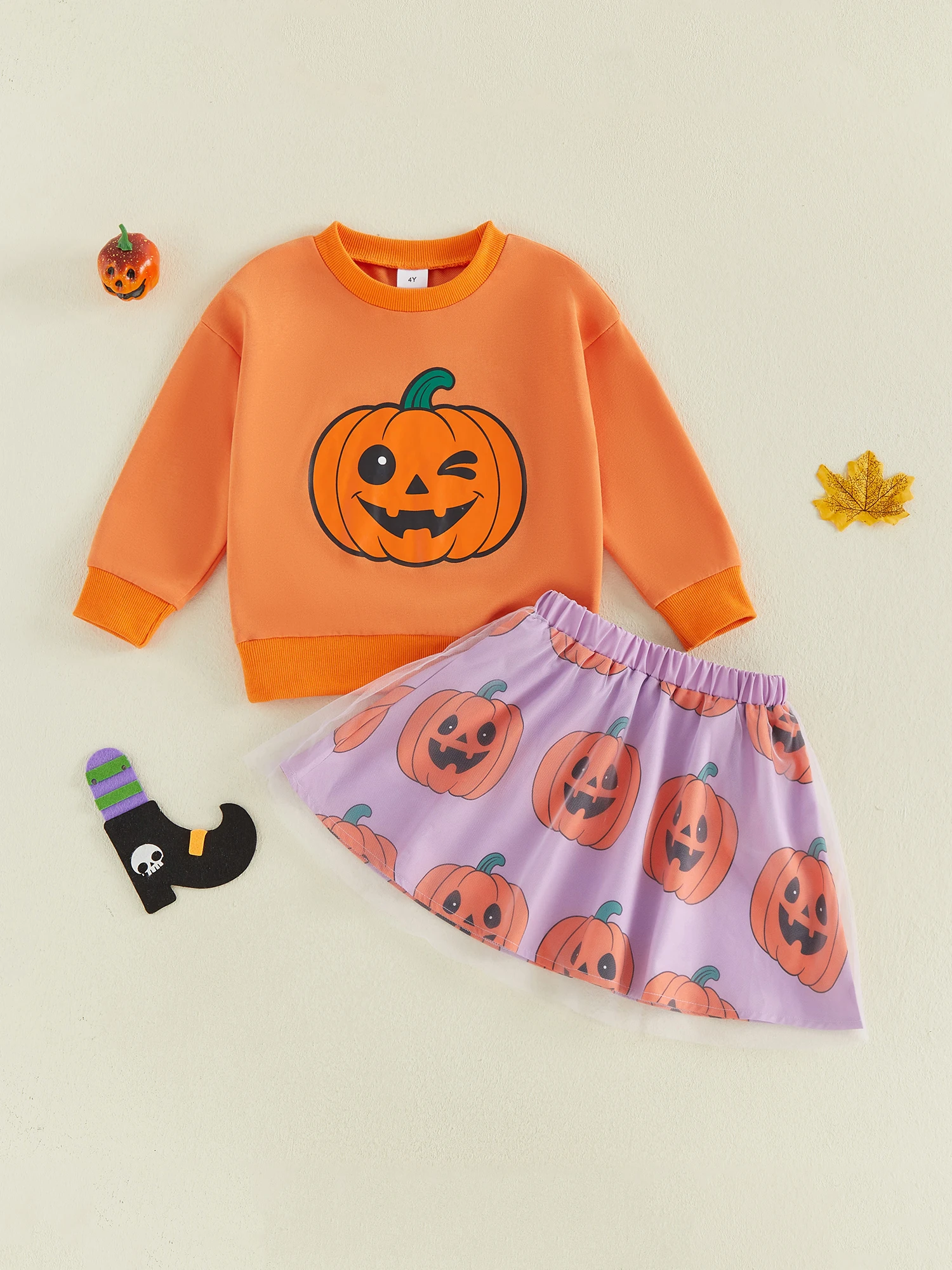 Little Sleeve Sweatshirt 2 Piece Set Tulle For-Winter For Outfit Pumpkin Long Little Toddler Girl