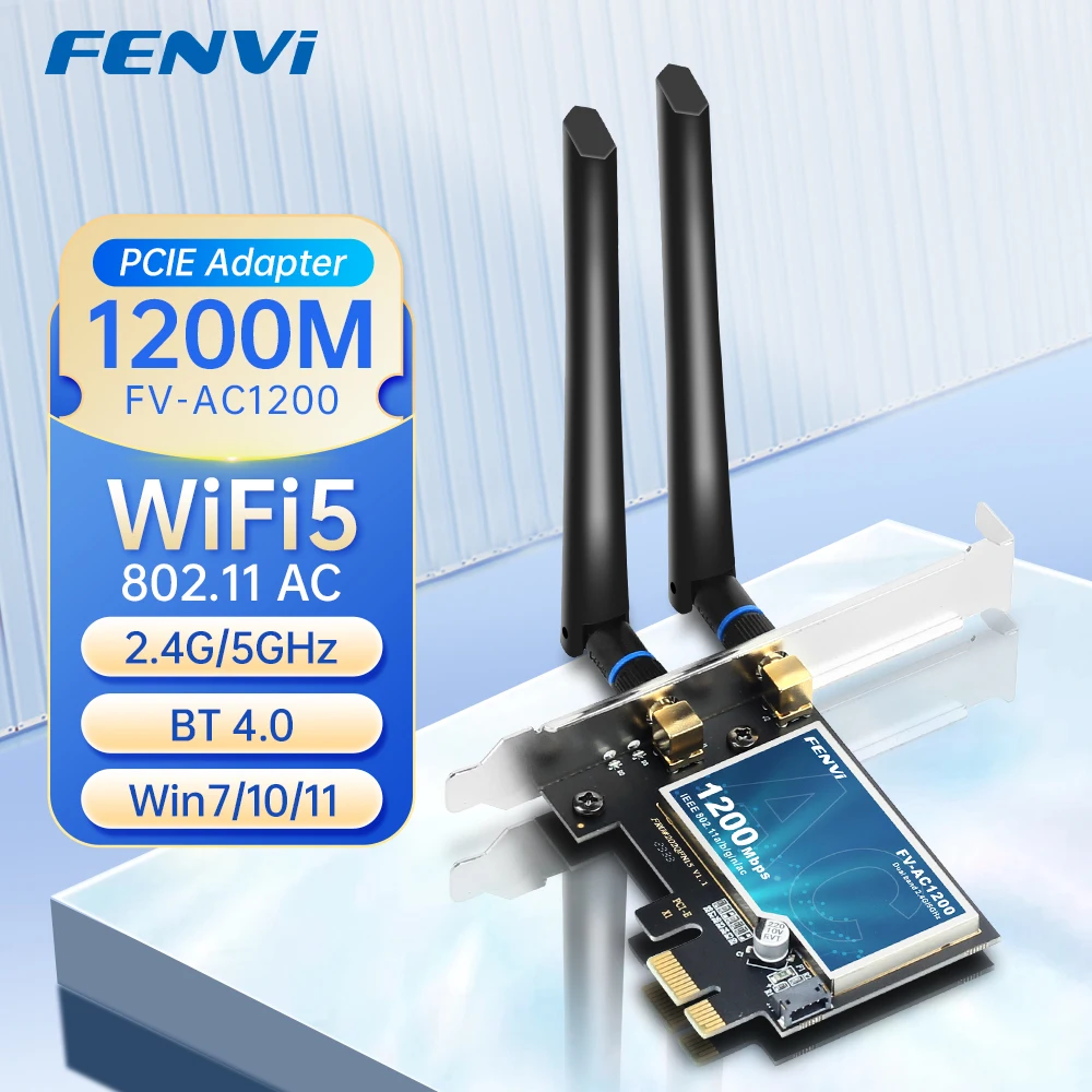 

FENVI AC1200 WiFi 5 PCIE Adapter BT4.0 Dual Band 2.4GHz/5GHz 802.11AC Wireless Network Wi-Fi Card For PC Desktop Windows 7/10/11