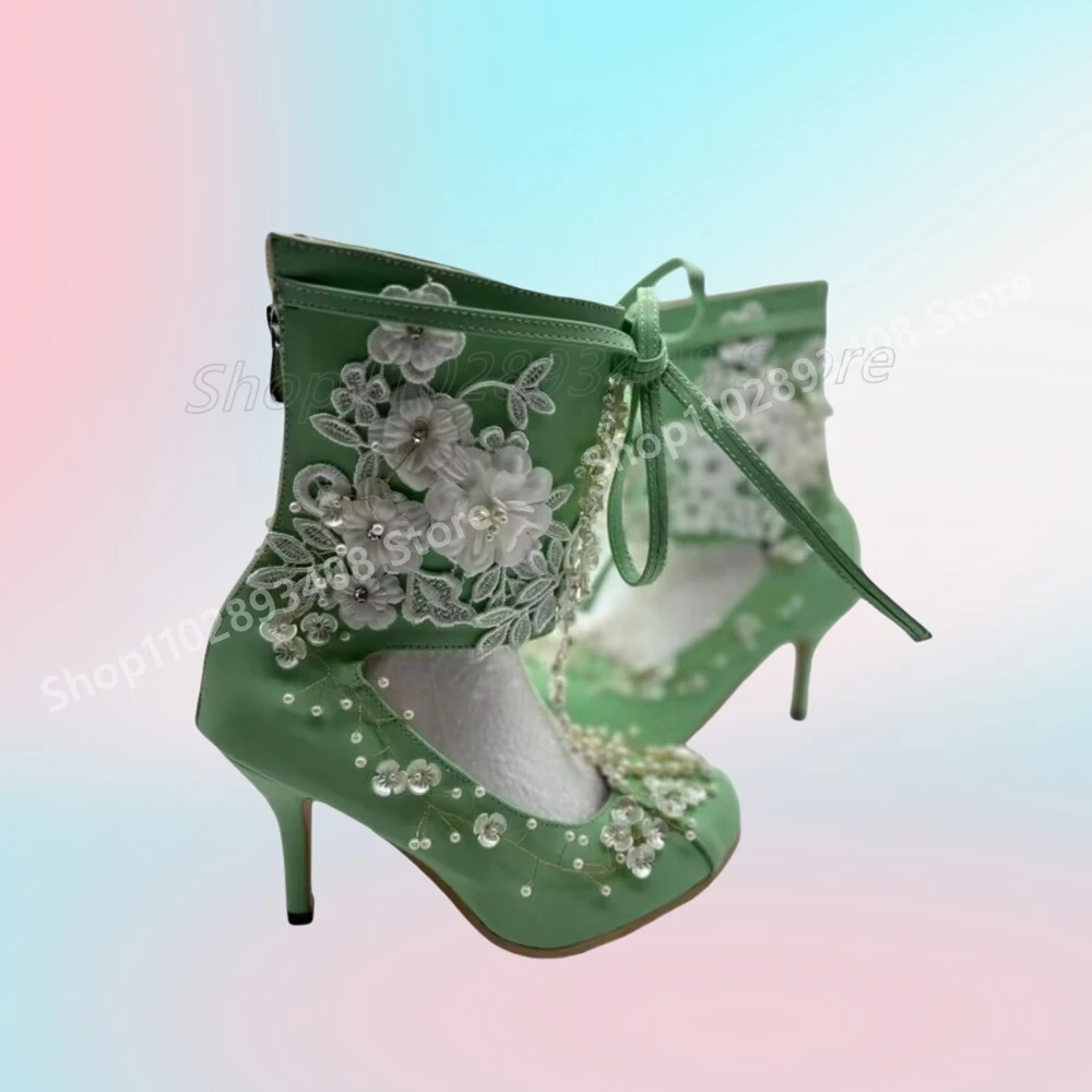 

Green Handmake Pearl Flowers Strappy Short Boots Stiletto High Heel Back Zipper Retro Sexy Women Shoes 2025 Zapatos Para Mujere