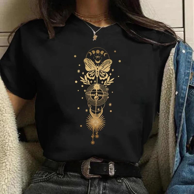 Gothic Retro 90er Jahre Mond und Schmetterling Harajuku 90er Jahre Damen T-Shirt Mädchen Cartoon Grafik Damen T-Shirt Lässiges Damen-Shirt Tee Shirt