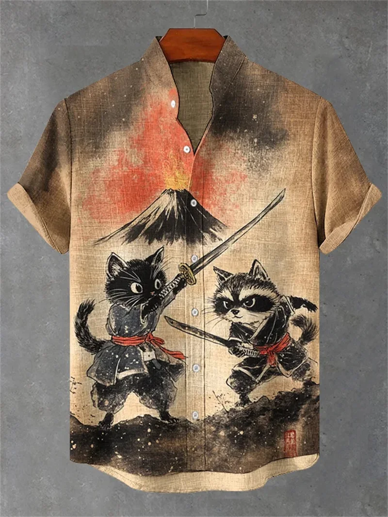 

Летняя мужская льняная рубашка с короткими рукавами и 3D цветочным принтом, повседневная свободная мужская рубашка с короткими рукавами в стиле ретро в стиле Харадзюку