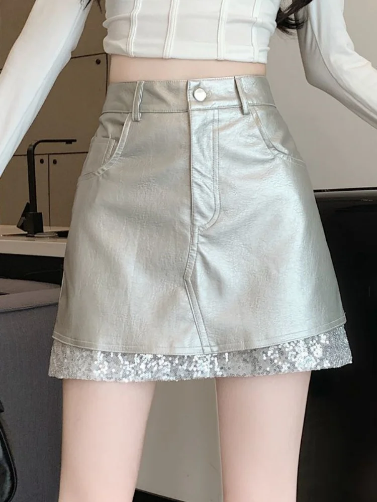

SMTHMA New Fashion Silver Leather A-line Skirt Women's PU Leather Sequin Splicing New Autumn Winter Slimming Sshort Skirt