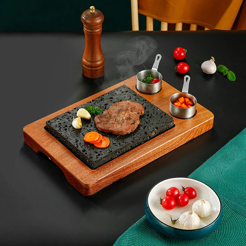 Volcanic stone plate steak plate, sapele wood plate, grilled steak, teppanyaki steak frying plate