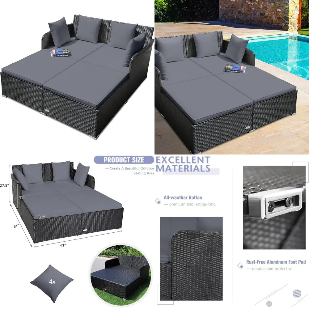 tweepersoons rieten buitenligbed met kussens, kussens en gebogen rugleuning voor ontspanning