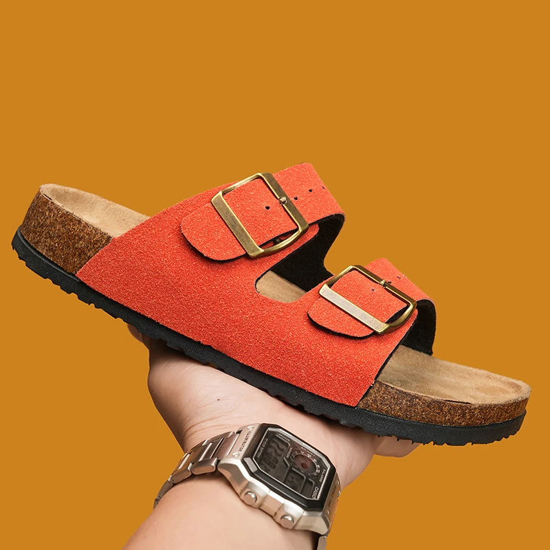 Ladies Cork Slippers With Double Buckle Adjustable Two Straps Suede Leather Clogs Comfort Footbed Slip On Flat Sandals Women view 2