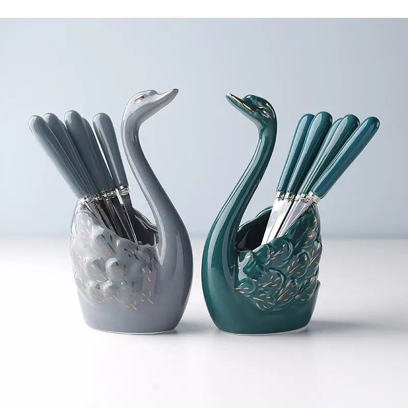 

Modern Metal Fruit Fork Ceramic Storage Jars Simple Home Kitchen Swan Shape Cake Dessert Forks 6 Piece Set Kitchen Accessories