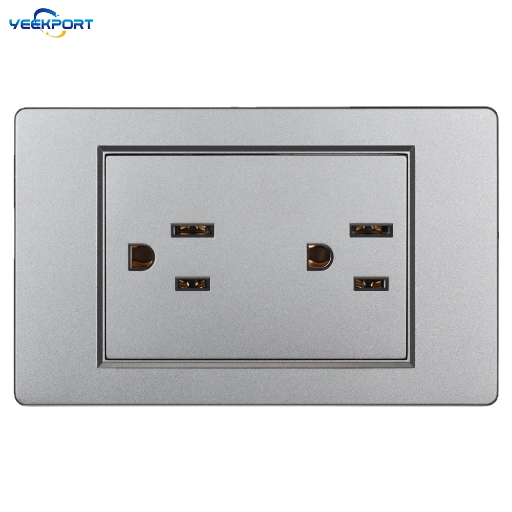 

118-миллиметровая американская стандартная бытовая 2-клавишная розетка с выключателем, серая, из огнестойкого поликарбоната, 16А, 3-контактная, комбинированная.