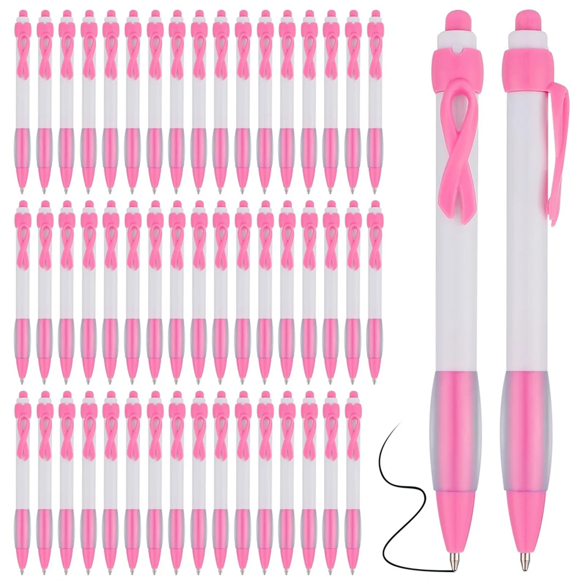 

50 Pcs Pink Ribbon Pens Bulk, Black Ink Retractable Ballpoint Pens for Office Supply Women Girls Gift