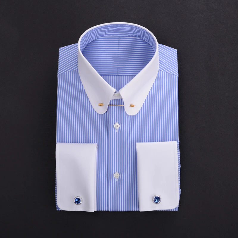 Camisa de hombre con puños franceses y cuello imperio con cuello estenopeico, camisa personalizada a rayas de algodón 100% de negocios para hombre