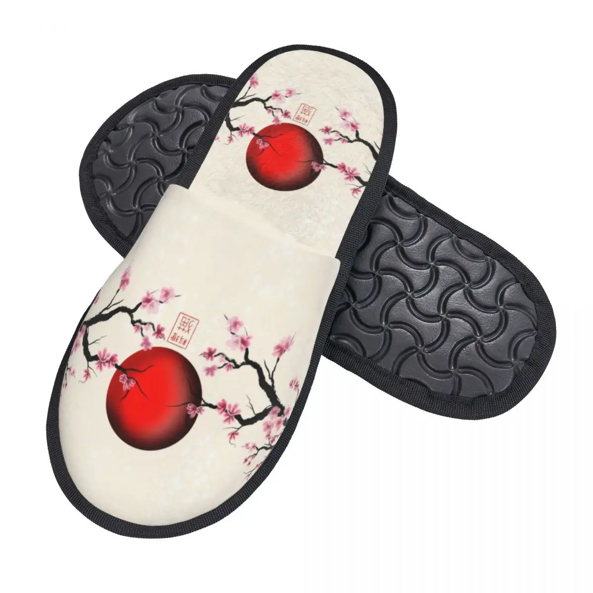 Custom Japan Sakura Cherry Blossoms With A Red Rising Sun Cozy Scuff Memory Foam Slippers Women Flower Spa House Shoes