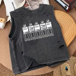 2025 Baby Vest Korean Style Top Summer Cool and Stylish Boy New Style Distressed Black Pure Cotton Sleeveless Ripped Trend