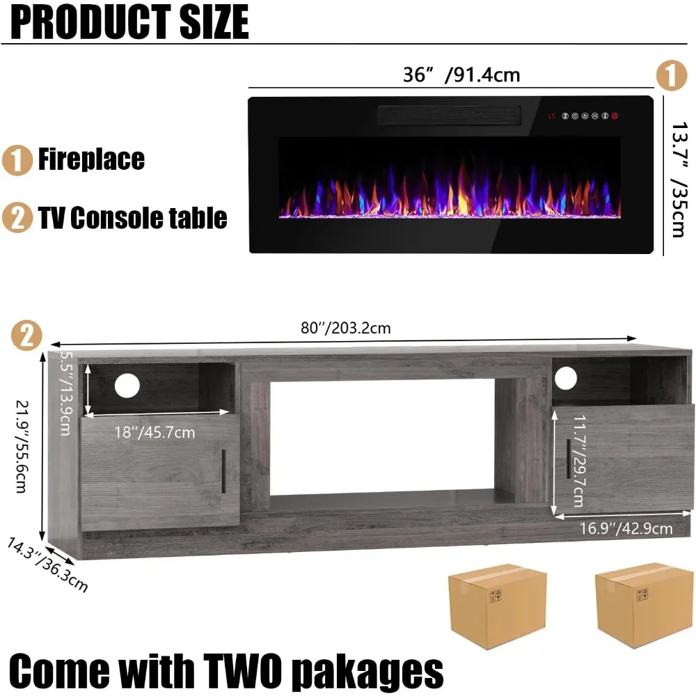 "Suporte de TV com lareira elétrica para TVs de 36 a 90 polegadas, centro de entretenimento com luz LED, lareira moderna de madeira brilhante de 80 polegadas"