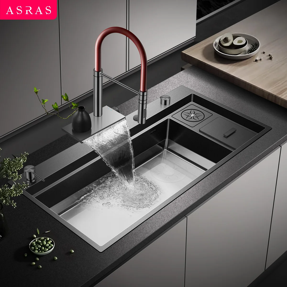 ASRAS Kitchen Sink Handmade Nano Grey Large Single Sink with Built in Garbage Can and Cup Cleaning Device