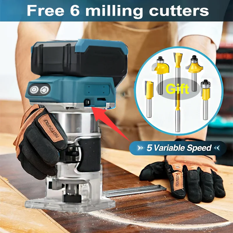 Image of Bürstenloses 5-Gang-Holzfräswerkzeug, kabelloses Fräsen, Gravieren, Schlitzen, Holzbearbeitung, Trimmmaschine für Makita-Akku