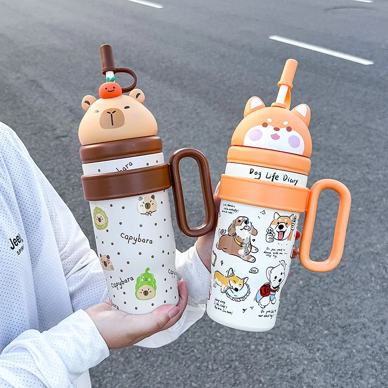 1 PC Capybara Stainless Steel Insulated Cup, Large Capacity 800mL, High-Value & Cute Couple Cups, Wide Handle Car-Use Bottle
