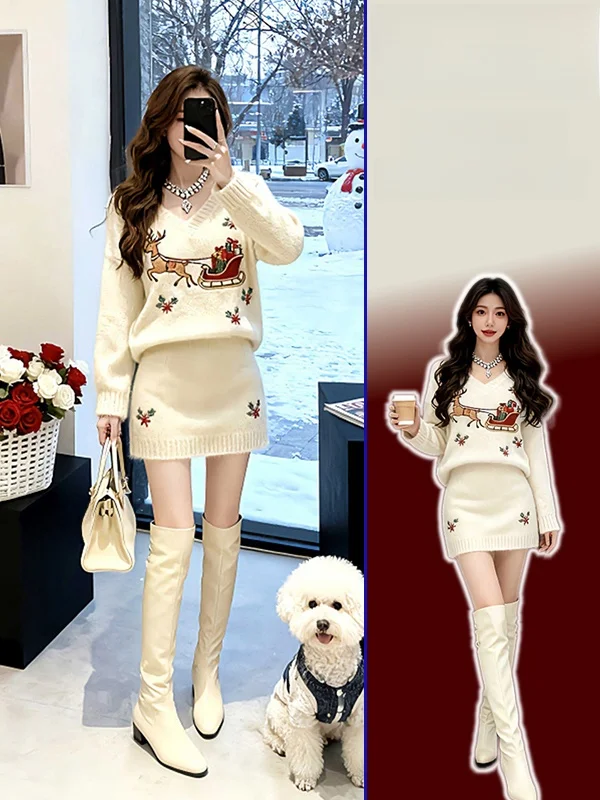 

plus Size Korean Sle V-Ne Loose Knitted Sweater Women's High Waist Skirt Two-Piece Set Spring Faion Casual Outfit