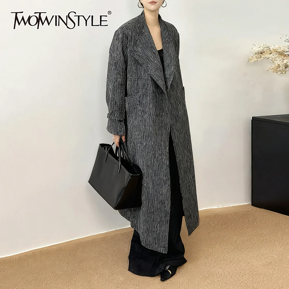 

TWOTWINSTYLE Solid Spliced Bandage French Trench Female Lapel Long Sleeve Loose Temperament Women's Trenchs Autumn Fashion New