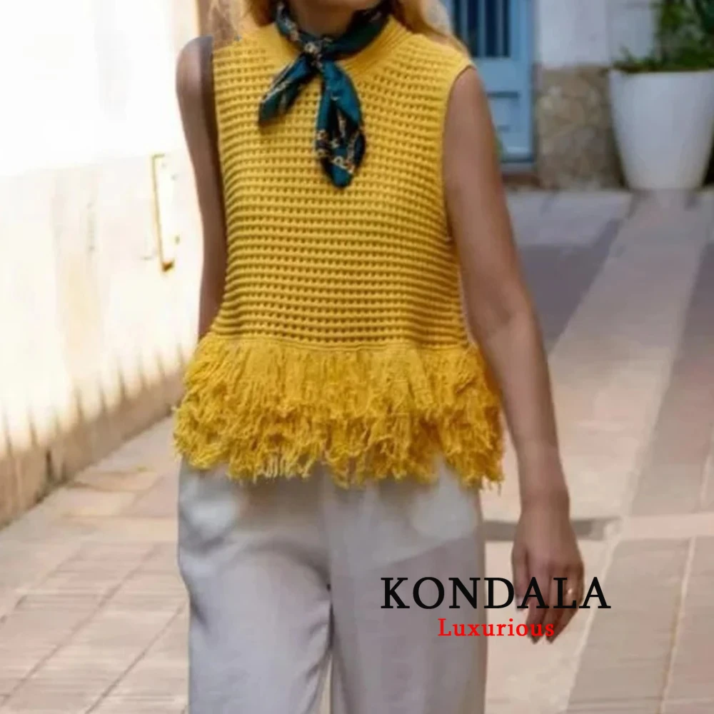 

KONDALA шикарный желтый вязаный женский повседневный жилет с кисточками, модный свитер 2025, летний свободный свитер с круглым вырезом Y2K, элегантный вечерний топ Mujer