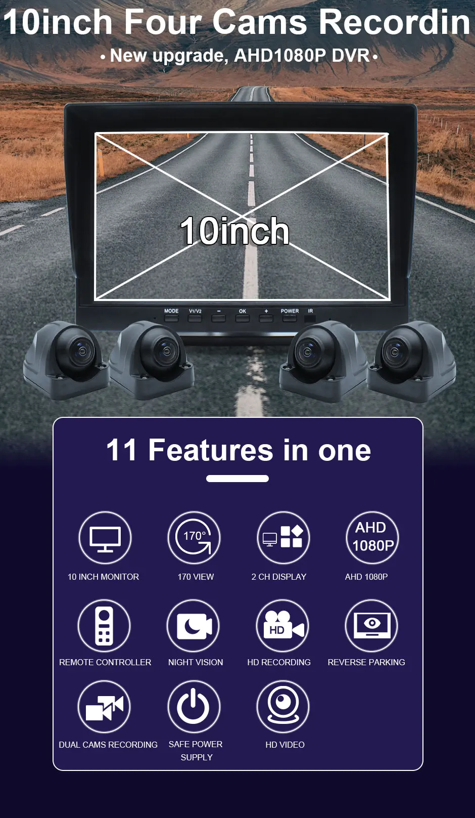 AHD 1920x1080P 4CH 10.1 Inch IPS Screen Car Monitor Recording DVR 1080P IR Night Vision Vehicle Camera Truck Bus Trailer Pickups