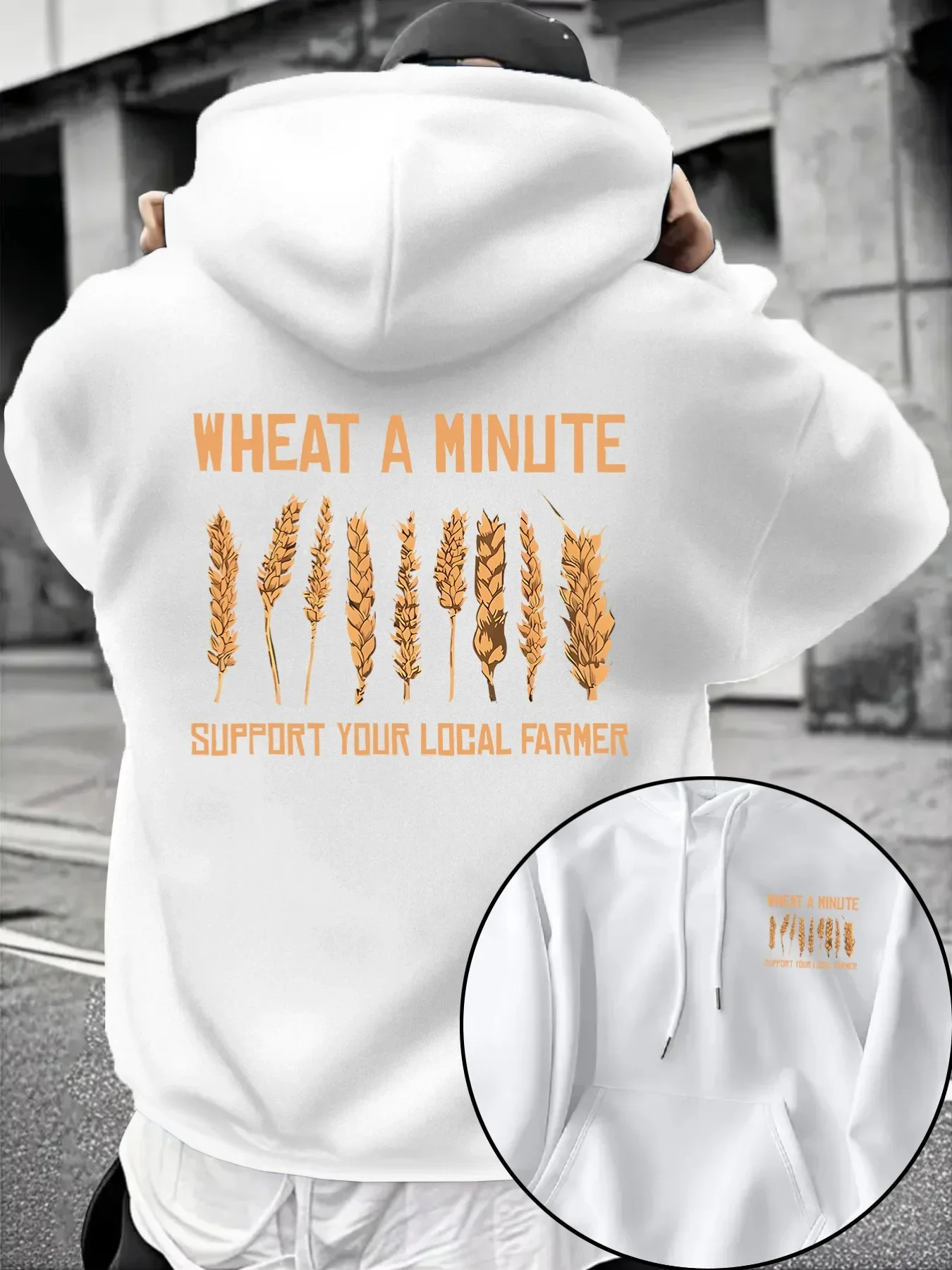Vintage Wheat Grain Print Hoodie For Men Autumn Winter Support Local Farmer Slogan Oversized Unisex Fleece Pullover