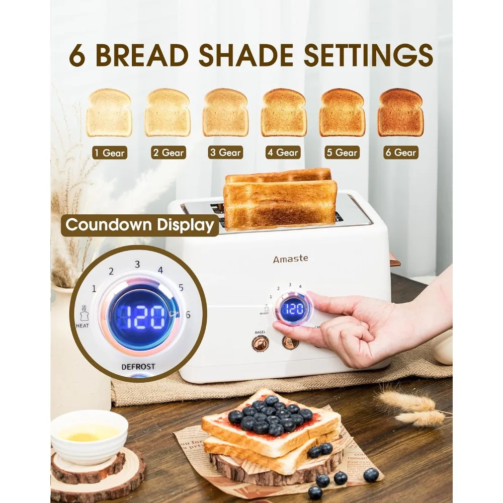 2 Slice Toaster, Retro Bread Toaster with LED Digital Countdown Timer, Extra Wide Slots Toasters with 6 Shade Settings