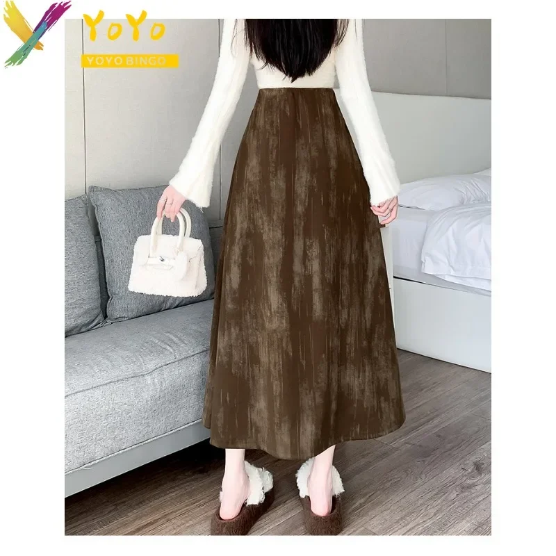 Elegant Temperament Print Velvet High Waist A-line Skirt Autumn/Winter 2024 Fashion Chic Elastic Waist Mid-length Ankle Skirt