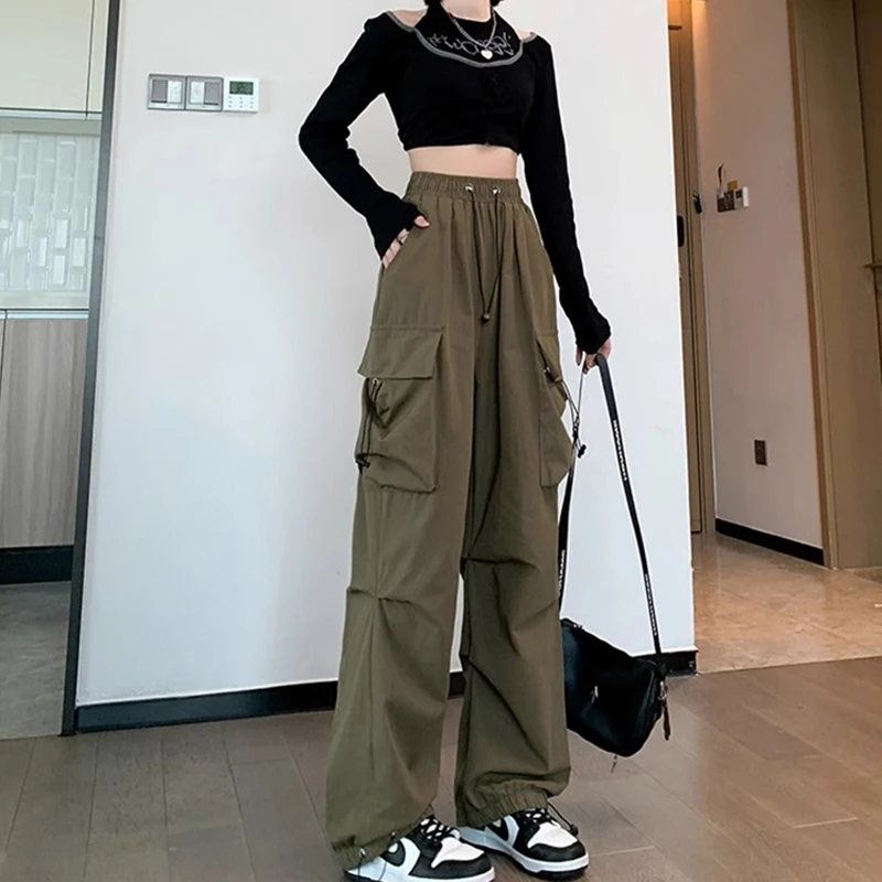 

2025 женские повседневные брюки для бега, технические брюки, однотонные брюки с низкой талией, широкие мешковатые брюки с завязками, уличная одежда Y2k, спортивные штаны большого размера