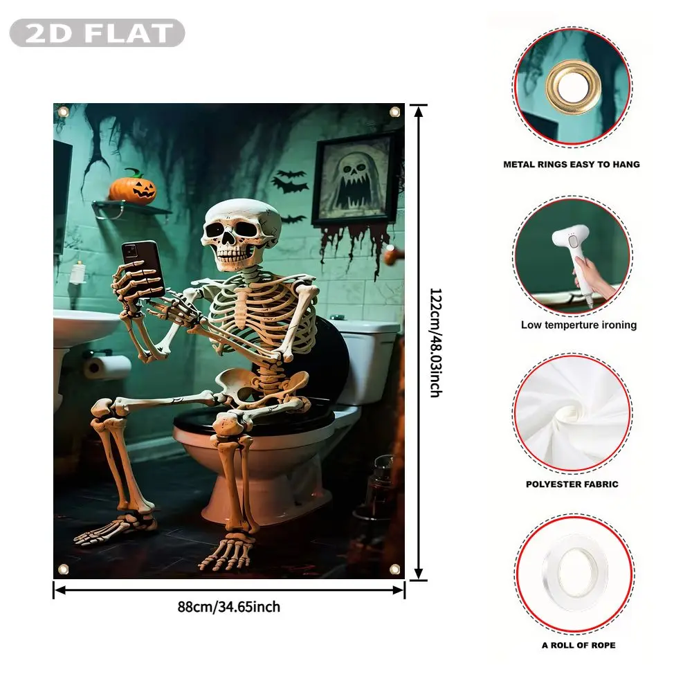 2D FLAT 1pc Party Window Cover Banner, with Skeleton Sitting On Toilet Using Smartphone, No Power Need Home Decor