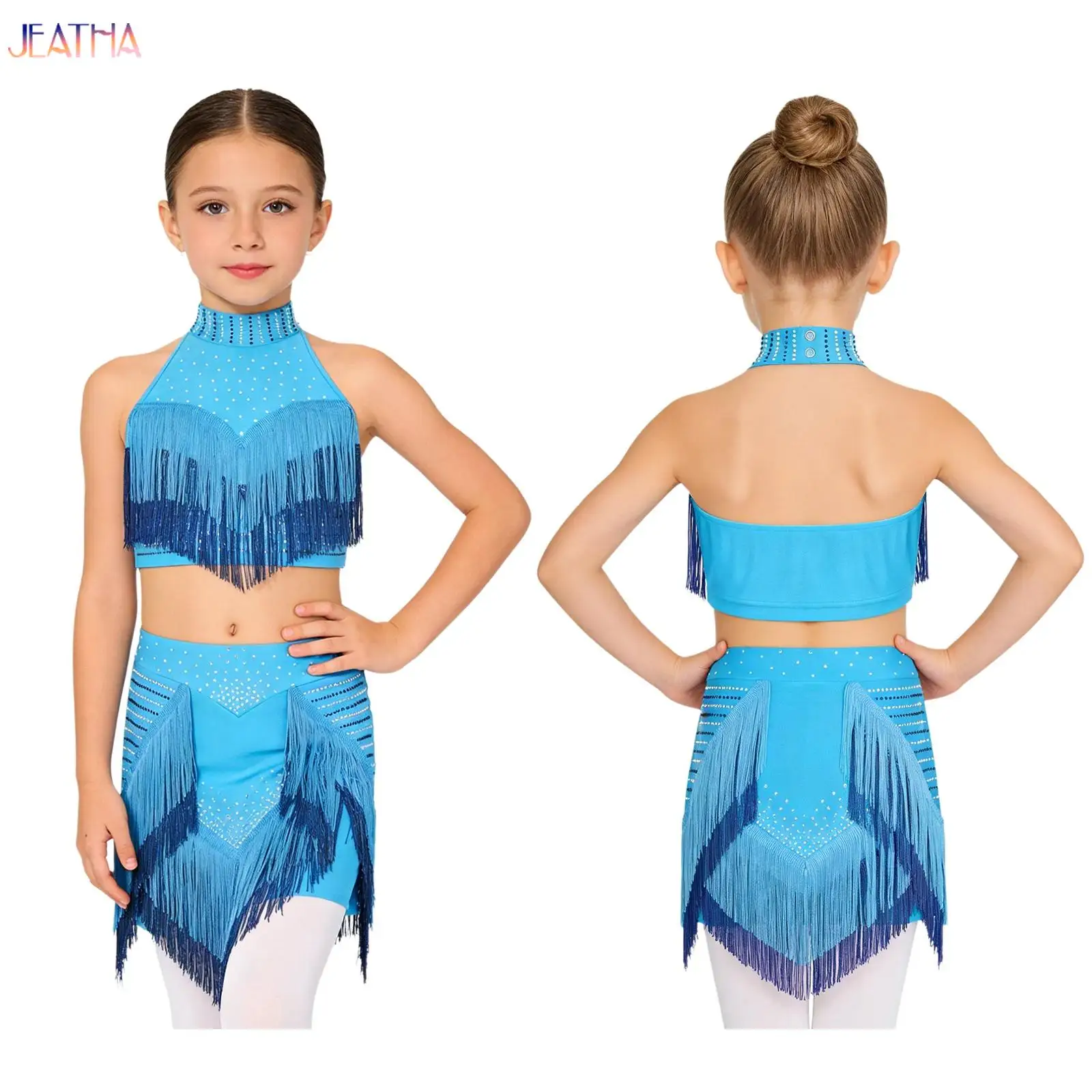 

Костюм для латинских танцев для девочек, балет, джаз, латинский, лирический, современный, классический танец, костюм для выступлений, топ с пайетками + короткая юбка, комплект