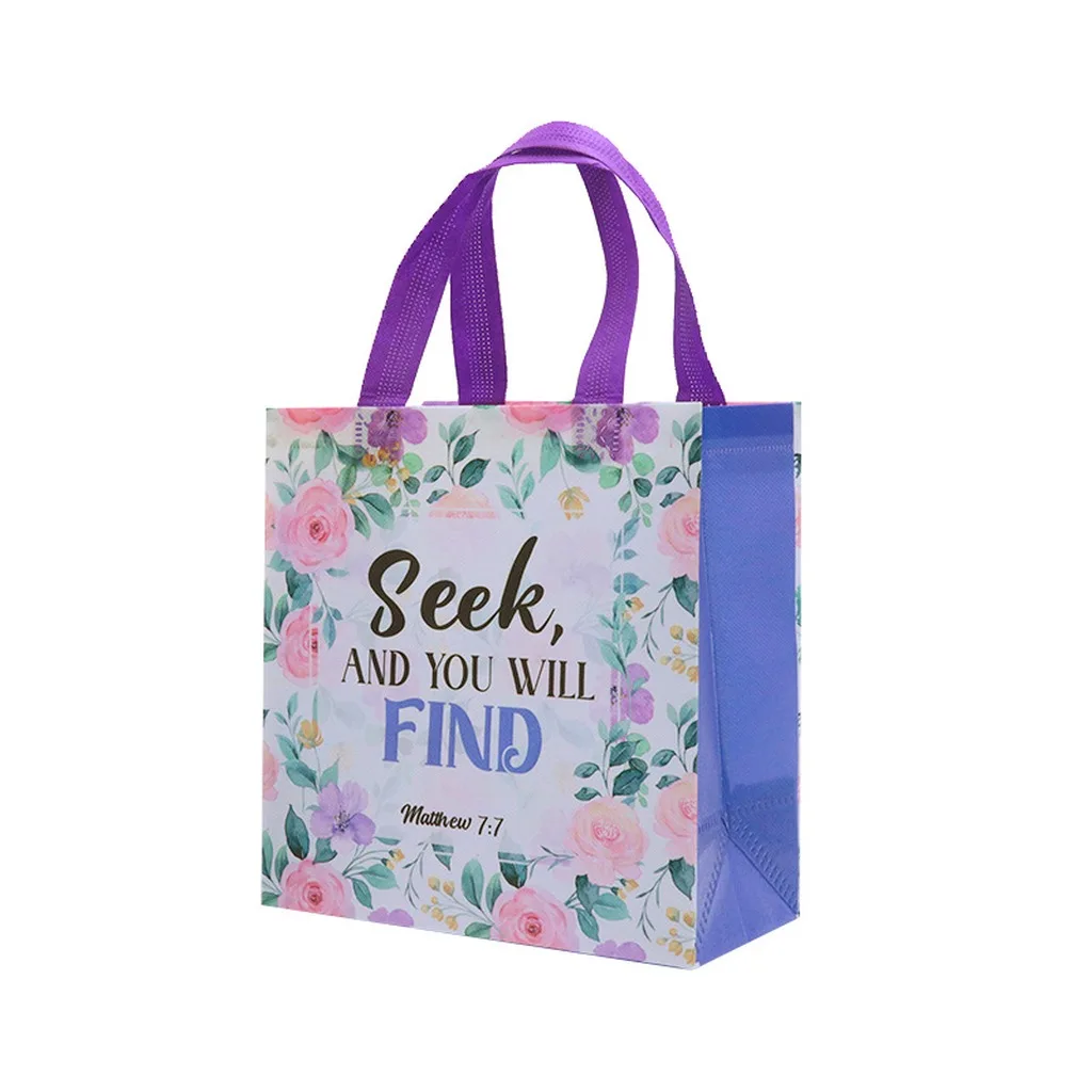 Bible Verse Gift Bags Non-Woven Fabric Tote Bags Assorted Scripture Patterns Laminated Floral Handbag Christian Party Favors