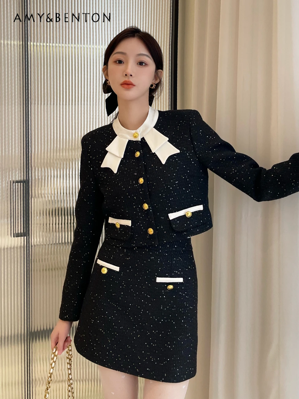 

High-end Black Elegant Socialite Outfits Women Autumn New High Sense Temperament Round Neck Single Breasted OL Two-Piece Set