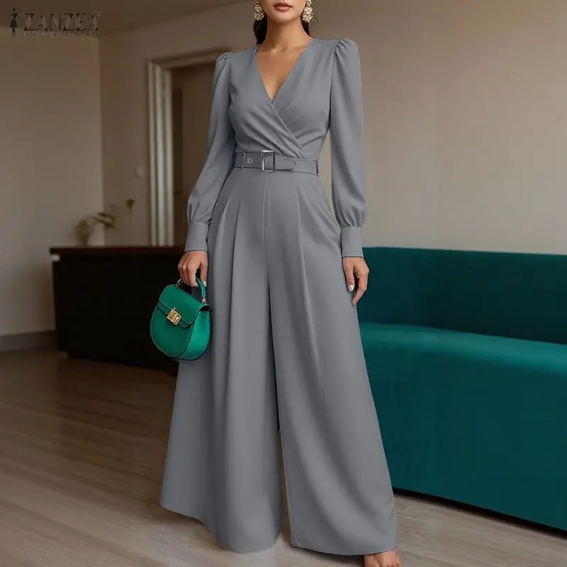 

ZANZEA Minimalist Wide Leg Pant Jumpsuits for Woman Spring Wrap V-Neck Long Sleeve Belted Long Playsuits Female Elegant Overalls