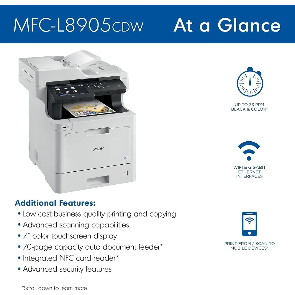 Mfc‐ l8905cdw Business-Far blaser All-in-One-Drucker, 7-Zoll-Touchscreen-Display, Duplex-Druck/Scan, drahtlos