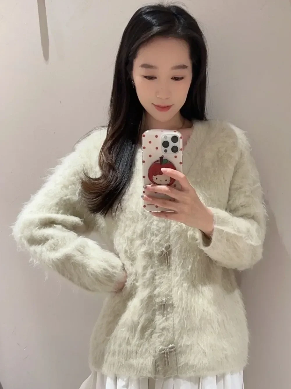 Japanese New Plush Tassel Cardigan Sweater Exquisite Diamonds Bow Buttons V-neck Knit Coat Autumn Winter Soft Sweet Jumpers