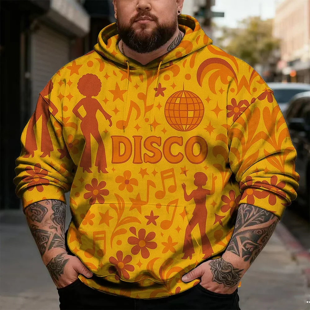 Men's Plus Size Retro Party Pullover Hoodie, Disco Dance or Psychedelic Collage Prints with Vivid Colors for Music Events, S-9XL