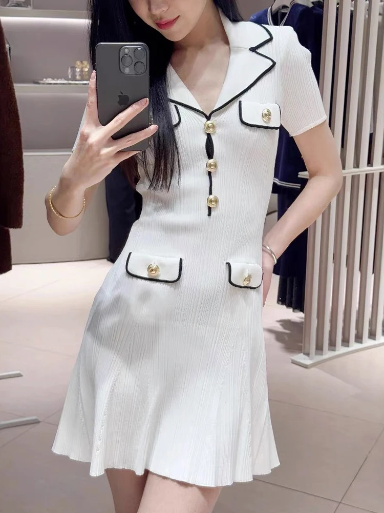 

Color collision lapel short-sleeved women's dress temperament elegant elastic Slim knit dress 2025 spring new